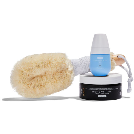 Picture of Bushbalm Ingrown Hair and Razor Bumps Minimizer 3-Step Routine - Includes Nude Ingrown Hair Oil (30 ml), Sweet Escape Exfoliating Scrub (236 ml) and Nordic Dry Brush