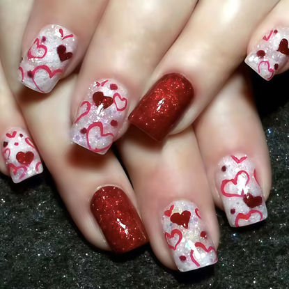 Picture of 24Pcs Valentines Short Press on Nails Square Fake Nails with Red Hearts Design Glitter Glue on Nails Press ons Acrylic Nails Glossy Artificial Nails Hollow Heart False Nails Stick on Nails for Women