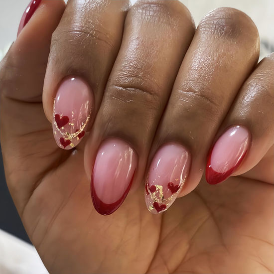 Picture of 24 Pcs Valentine's Day Press on Nails Medium Almond Heart Fake Nails Red Gold Love Heart False Nails Gold Glitter Line Artificial Nails Cute Stick on Nails for Women Girls Holiday Nail Decoration