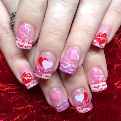 Picture of 24Pcs Valentine's Day Press on Nails Short Square Fake Nails with Lip Heart Designs Pink White French Tip Letter False Nails Acrylic Nails Cute Glue on Nails Stick on Nails for Women Manicure Decor