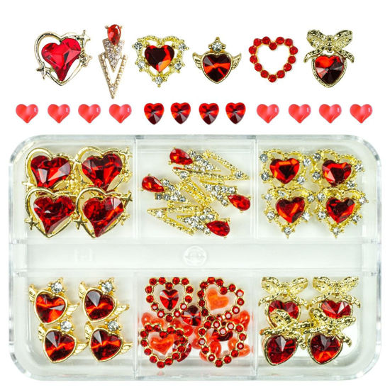 Picture of qiipii 36pcs Red Heart Nail Charms Red Gold Luxury Alloy Charms for Nails 3D Red Nail Art Rhinestones Nail Gems Golden Nail Crystal Diamonds Jewelry Stones Studs Nail Art Supplies for Nails Face Eyes