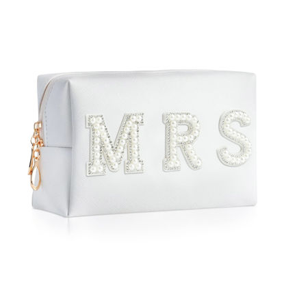 Picture of Bride Patch MRS Letter Makeup Bag for Women Bridesmaid Engagement Gift for Her White Pearl Rhinestone Travel Toiletry Bag Make Up Bag Pouch for Purse Bridal Shower Gifts for Engagement Wedding
