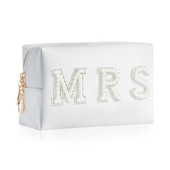 Picture of Bride Patch MRS Letter Makeup Bag for Women Bridesmaid Engagement Gift for Her White Pearl Rhinestone Travel Toiletry Bag Make Up Bag Pouch for Purse Bridal Shower Gifts for Engagement Wedding