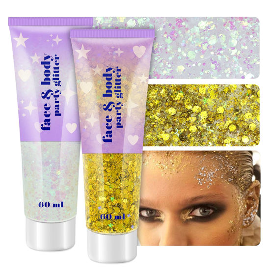 Picture of Holographic Face Glitter Gel, 120ml Body Shimmer Makeup for for Hair, Face, Arm, Nail, Eyeshadow, 2 Jars Long Lasting Waterproof Iridescent Sequins Party Glitter for Rave Festival (White & Gold)