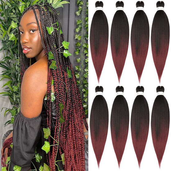 Picture of Braiding Hair 32 Inch 8 Packs Hair Extensions Professional Synthetic Braid Hair Crochet Braids, Soft Yaki Texture, Hot Water Setting Ombre Natural Black to Burgundy(32inch, 1B/Bug#)