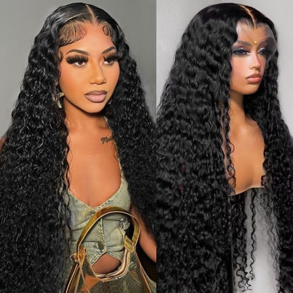 Picture of Poyazy 28 Inch Deep Wave Lace Front Wigs Human Hair 13x6 HD Transparent Lace Front Wigs Human Hair 210% Density Deep Curly Human Hair Wig Pre Plucked Deep Wave Frontal Wigs with Baby Hair