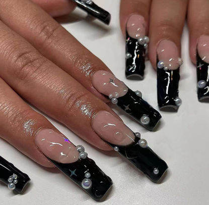 Picture of IMSOHOT Coffin French Press on Nails Long Glossy Black Fake Nails Ballerina 3D Pearl False Nails with Designs Glue on Nails Full Cover Acrylic Nails for Women