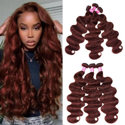 Picture of UNICE Reddish Brown Body Wave Human Hair Weave 3 Bundles 14 14 14 inch, Brazilian Remy Hair Auburn Brown Copper Red Human Hair Wavy Weaves for Sew in Extensions 33B Color