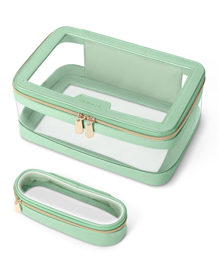 Picture of Soimeat Travel Clear Makeup Bag with Makeup Brush Bag, Leather Makeup Case Toiletry Bag, Portable Cosmetic Bag Case, Transparent Waterproof Cosmetic Organizer Storage Bag for Women, Mint Green