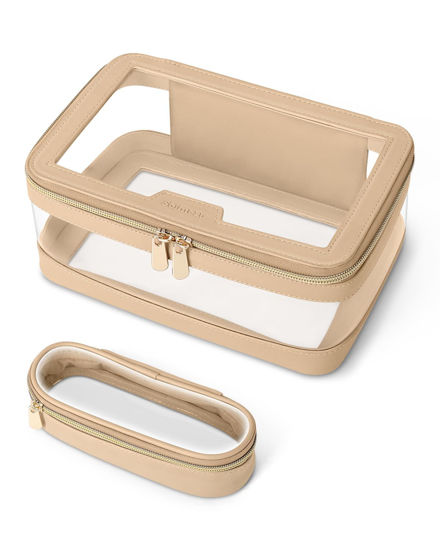 Picture of Soimeat Travel Clear Makeup Bag with Makeup Brush Bag, Leather Makeup Case Toiletry Bag, Portable Cosmetic Bag Case, Transparent Waterproof Cosmetic Organizer Storage Bag for Women, Khaki