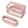 Picture of Soimeat Travel Clear Makeup Bag with Makeup Brush Bag, Leather Makeup Case Toiletry Bag, Portable Cosmetic Bag Case, Transparent Waterproof Cosmetic Organizer Storage Bag for Women, Medium, Pink