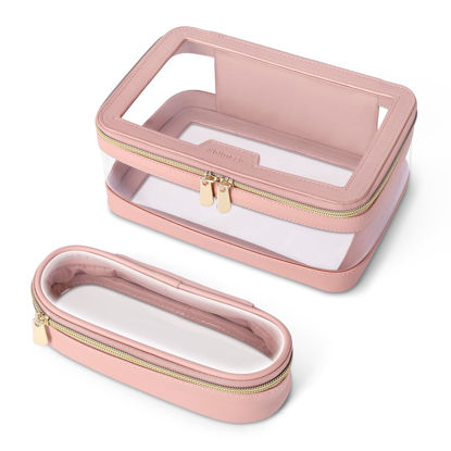 Picture of Soimeat Travel Clear Makeup Bag with Makeup Brush Bag, Leather Makeup Case Toiletry Bag, Portable Cosmetic Bag Case, Transparent Waterproof Cosmetic Organizer Storage Bag for Women, Medium, Pink