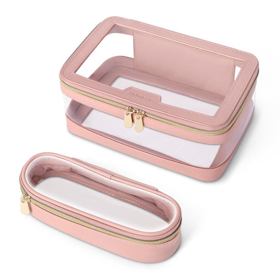 Picture of Soimeat Travel Clear Makeup Bag with Makeup Brush Bag, Leather Makeup Case Toiletry Bag, Portable Cosmetic Bag Case, Transparent Waterproof Cosmetic Organizer Storage Bag for Women, Medium, Pink