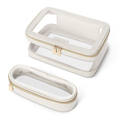 Picture of Soimeat Travel Clear Makeup Bag with Makeup Brush Bag, Leather Makeup Case Toiletry Bag, Portable Cosmetic Bag Case, Transparent Waterproof Cosmetic Organizer Storage Bag for Women, Medium, Off-White