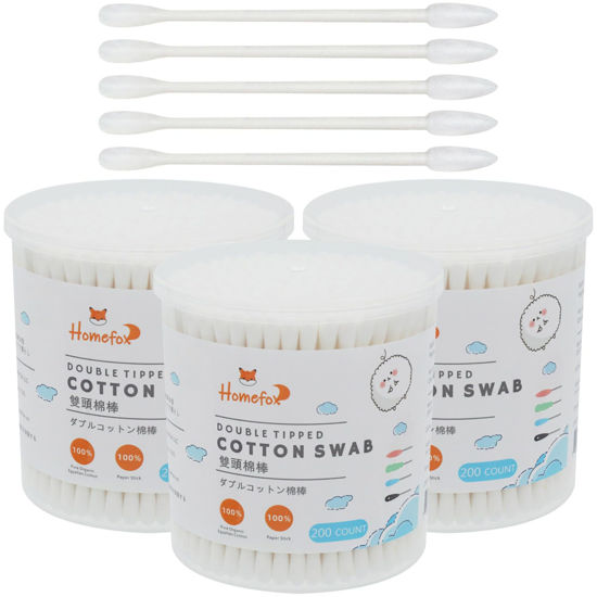 Picture of HOMEFOX Cotton Swabs Precision Pointed - 600 Count Pointy Organic Cotton Buds Double Side Tightly Wrapped Cotton Tips Paper Stick Soft Gentle Lint-Free Cruelty-Free, Pointy & Round (White)