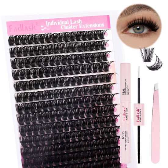 Picture of FADLASH Lash Extension DIY Kit Volume Fluffy Lash Clusters D Curl Cluster Lashes with Lash Bond and Seal Lash Tweezers for DIY Eyelash Extension at Home for Self Use（Kit 100D-0.07D-12-18MIX）