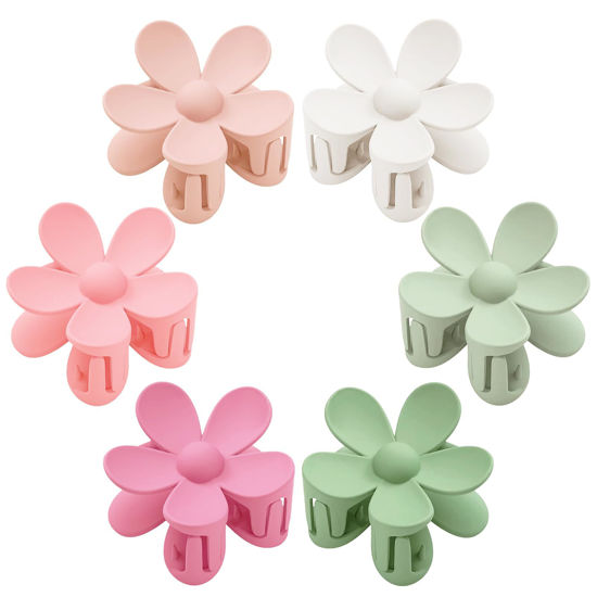 Picture of Flower Hair Clips 6 PCS Flower Claw Clips Daisy Clips for Women Matte Large Claw Clips Strong Hold Jaw Clamps Hair Accessories for Thick Hair 6 Colors