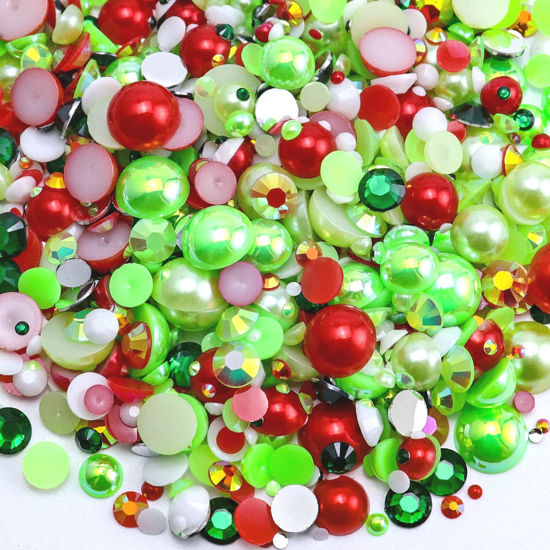 Picture of Briskbloom 60g Mix Flatback Pearls and Flatback Rhinestones for Crafts, 3620PCS 2mm-10mm Pearl Rhinestones for Nails Face Art Tumblers, Jelly Rhinestones and Half Pearls, Christmas Red|Green|White