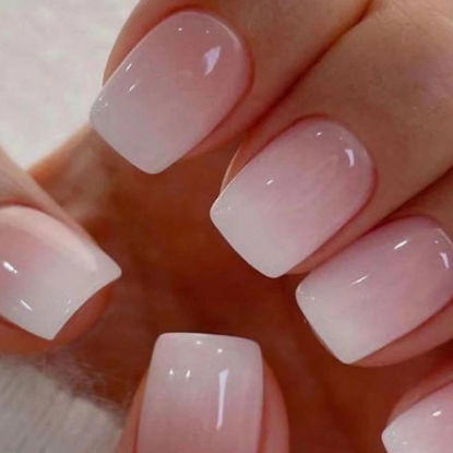 Picture of White Ombre Press on Nails Short Square Fake Nails with Design Pink Gradient Glue on Nails Glossy Acrylic Artificial Nails Stick on Nails for Women Girls Manicure 24Pcs…