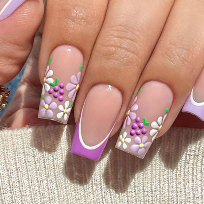 Picture of Purple French tip Press on Nails Short Medium Square Fake Nails with Design Flower Stick on Nails Grapes Glue on Nails Lilac False Nails Nude Acrylic Nails Reusable Daisy Nails for Women Manicure…