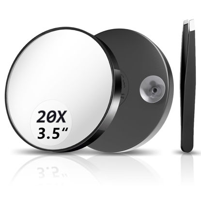 Picture of FAHZON 20X Magnifying Mirror, Magnified Mirror 3.5" with Two Suction Cups and Tweezers, Travel Magnifying Mirror Set Comes with Portable Storage Bag, Small Magnifying Mirror for Travel(Black)