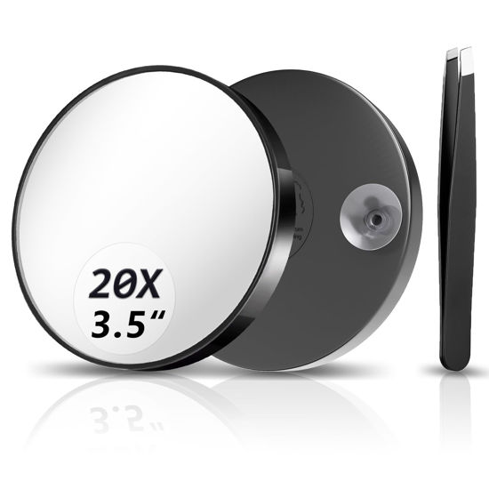 Picture of FAHZON 20X Magnifying Mirror, Magnified Mirror 3.5" with Two Suction Cups and Tweezers, Travel Magnifying Mirror Set Comes with Portable Storage Bag, Small Magnifying Mirror for Travel(Black)