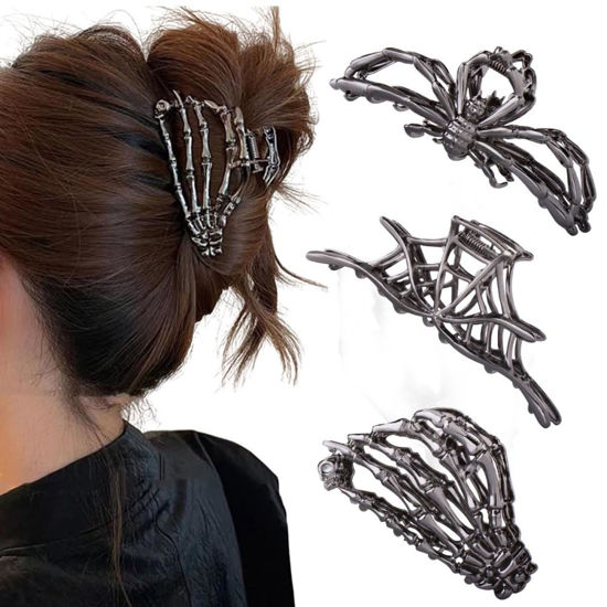 Picture of 3PCS Black Spider Web Skeleton Hand Skull Hair Claw Clips for Women And Girls, Hiphop Metal Large Medium Size for Thick Thin Hair, Headband Barrette for styling Hair Accessories Party Gift (Black Gun)