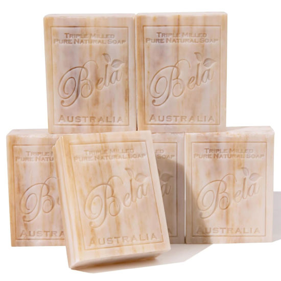 Picture of BELA Sandalwood Soap 3.3 OZ, Pack of 6 French Triple Milled Bar Soap with Organic Shea Butter, Hand, Face and Body Wash Bar, Made in Australia