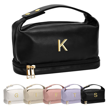 Picture of Vogewood Grandma Gifts, Personalized Makeup Bag with Handle, Initial Double Layer Cosmetic Bag with Makeup Brush Organizer, PU Leather Travel Toiletry Bag, Gifts for Friends Female Mom