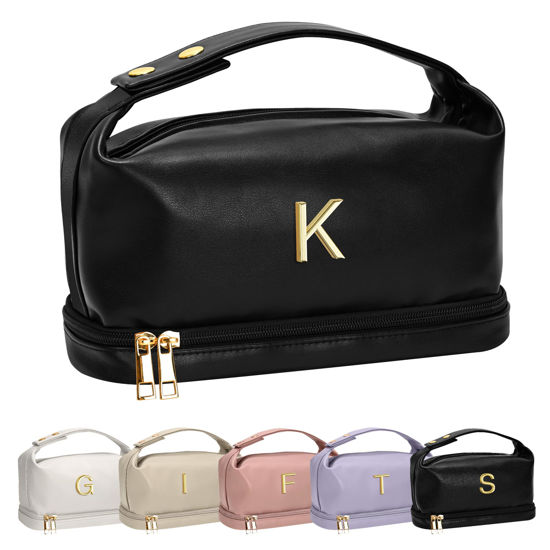 Picture of Vogewood Grandma Gifts, Personalized Makeup Bag with Handle, Initial Double Layer Cosmetic Bag with Makeup Brush Organizer, PU Leather Travel Toiletry Bag, Gifts for Friends Female Mom