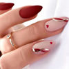 Picture of Red Press on Nails Heart Fake Nails Medium Almond False Nails with Line Design Nude Pink Glue on Nails Glossy Acrylic Nail Full Cover Stick on Nails for Women Manicure Valentine's Day Manicure