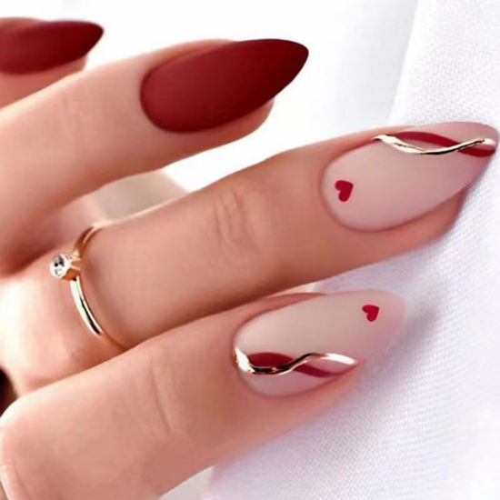 Picture of Red Press on Nails Heart Fake Nails Medium Almond False Nails with Line Design Nude Pink Glue on Nails Glossy Acrylic Nail Full Cover Stick on Nails for Women Manicure Valentine's Day Manicure