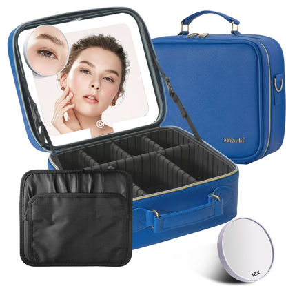 Picture of Mocado Travel Makeup Bag with LED Lighted Mirror,Travel Makeup Organizer,Makeup Case with 3 Color Lighted Setting and 10x Magnifying Mirror,Portable Storage and Adjustable Dividers Makeup Box(Blue)