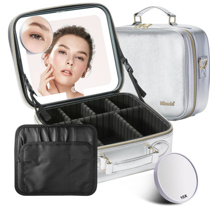 Picture of Mocado Travel Makeup Bag with LED Lighted Mirror,Travel Makeup Organizer,Makeup Case with 3 Color Lighted Setting and 10x Magnifying Mirror,Portable Storage and Adjustable Dividers Makeup Box(Silver)