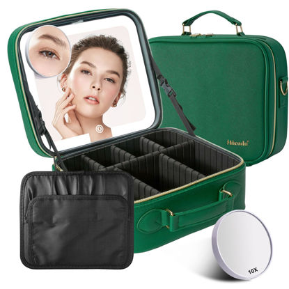 Picture of Mocado Travel Makeup Bag with LED Lighted Mirror,Travel Makeup Organizer,Makeup Case with 3 Color Lighted Setting and 10x Magnifying Mirror,Portable Storage and Adjustable Dividers Makeup Box(Green)