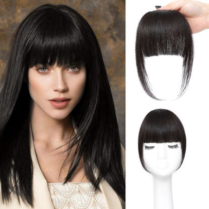 Picture of ELEFOCUS Clip in Bangs Real Human Hair Brown Black 100% Human Hair French Bangs Fake Bangs Hair Clip on bangs for women Fringe with Temples Hairpieces Curved Bangs for Daily Wear