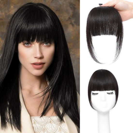 Picture of ELEFOCUS Clip in Bangs Real Human Hair Brown Black 100% Human Hair French Bangs Fake Bangs Hair Clip on bangs for women Fringe with Temples Hairpieces Curved Bangs for Daily Wear