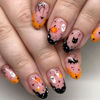 Picture of Halloween Press on Nails Short Round Fake Nails with Pumpkin Ghost Bat Designs Black Orange French Tip Nails Press ons Glossy Glue on Nails Light Pink Almond Stick on Nails for Women 24Pcs