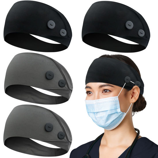 Picture of ABAMERICA Headbands with Button for Mask, Wide Nurses Headbands Non Slip Elastic Ear Protection for Women Men Doctors Sweatband Headband