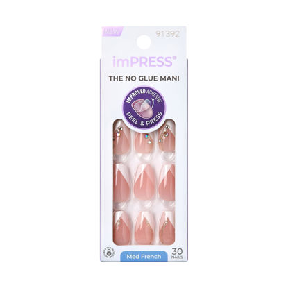 Picture of KISS imPRESS No Glue Mani Press-On Nails, French, 'Glimpse', Light Neutral + White Tip French, Medium Size, Coffin Shape, Includes 30 Nails, Prep Pad, Instructions Sheet, 1 Manicure Stick, 1 Mini File
