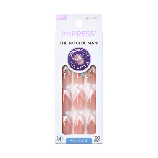 Picture of KISS imPRESS No Glue Mani Press-On Nails, French, 'Glimpse', Light Neutral + White Tip French, Medium Size, Coffin Shape, Includes 30 Nails, Prep Pad, Instructions Sheet, 1 Manicure Stick, 1 Mini File