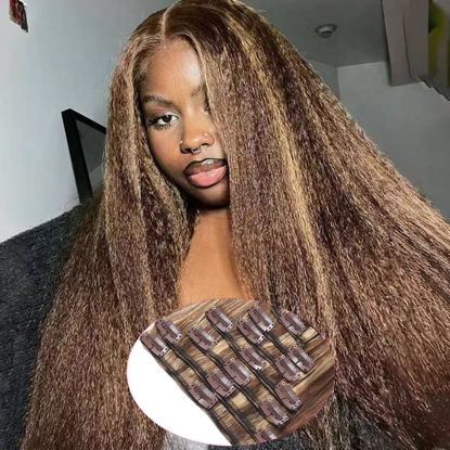 Picture of Kinky Straight Human Hair Clip Ins 120g 8pcs 22inch,Soft & Natural Straight Double Weft for Women #P427 Chocolate Brown to Honey Blonde Hair Extensions Real Human Hair Clip Ins