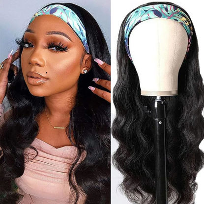 Picture of Headband Wig Human Hair Body Wave 16 inch Non Lace Front Wig Machine Made Wigs Brazilian Body Wave Human Hair Headband Half Wigs for Black Women Natural Color