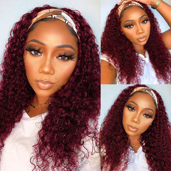 Picture of 99J Burgundy Headband Wig Deep Wave Human Hair 20 Inch Glueless Headband Wigs for Black Women Brazilian Red Wine Curly Headband Wigs Machine Made None Lace Front Wigs Human Hair 150% Density…