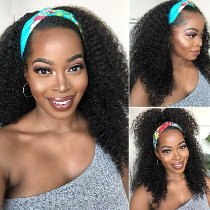 Picture of Headband Wig Human Hair Kinky Curly 24 inch None Lace Front Wig Human Hair Machine Made Wigs Glueless Curly Hair Headband Half Wigs for Black Women Human Hair Natural Color