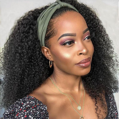 Picture of Kinky Curly Headband Wig Human Hair 20 Inch Headband Wigs for Women Human Hair Glueless None Lace Front Curly Wave Wigs Brazilian Virgin Hair Wear and Go Glueless Wig 150% Density Natural Color