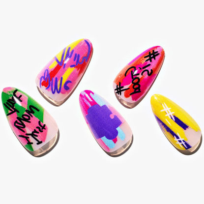 Picture of Color Press on Nails Medium, GLAMERMAID Graffiti Nude Short Fake Nails Almond, Acrylic False Nail Kits with Flower Design, Spring Summer Stick Glue on Nails Sets, Oval Gel Nails Reusable Full Cover for Women Girls Gift
