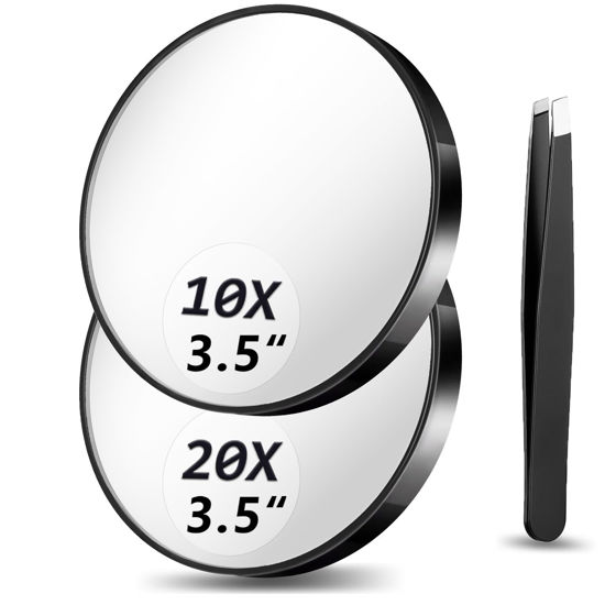 Picture of Magnifying Mirror 10X&20X Set, Magnified Mirror 3.5" with Two Suction Cups and Tweezers, Travel Magnifying Mirror Set Comes with Portable Storage Bag, Compact Small Magnifying Mirror for Travel(Black)