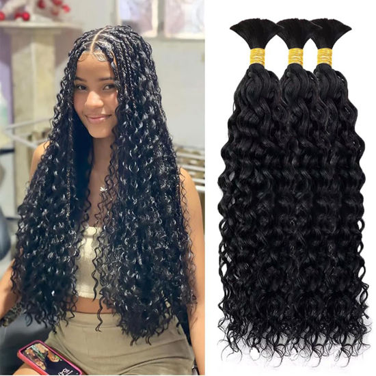 Picture of Human Braiding Hair 3 Bundles/Pack 150g Curly Water Wave Human Bulk Hair for Braiding No Weft 10A Brazilian Virgin Human braiding Hair for Boho Braids Wet and Wavy Braids Extensions (22 22 22inch)