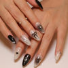 Picture of LBPEPAMZ Black Press on Nails Medium Almond Fake Nails with 3D Alloy Bow Pearl Designs Black Gradient Full Cover False Nails Water Drops Silver Star Glossy Acrylic Nails Stick on Nails for Women 24Pcs